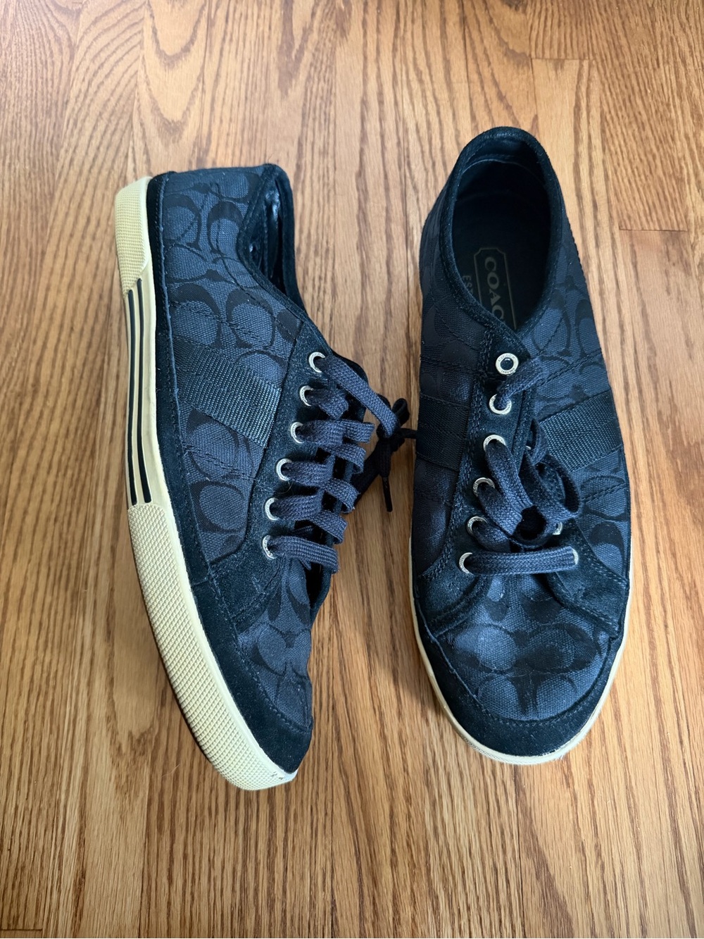 Coach Kids Black Signature Canvas Lace-Up Sneakers with Cream Sole